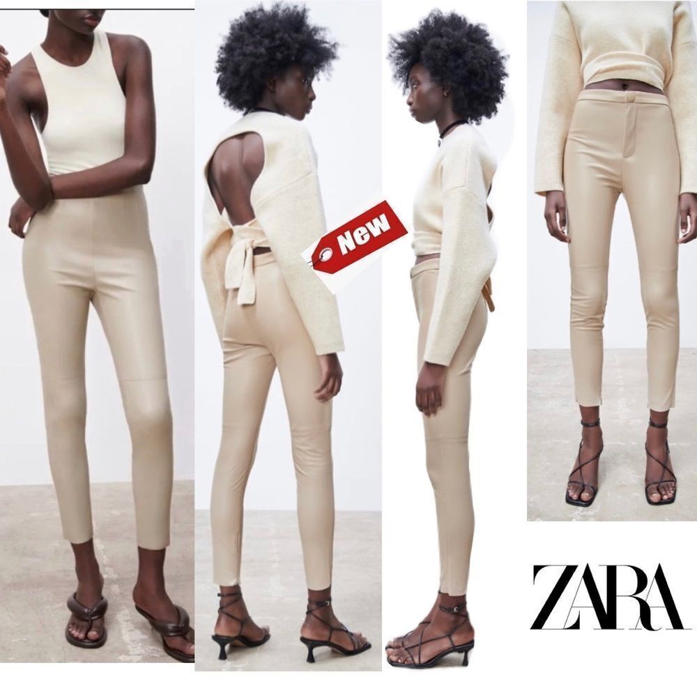 Zara cream beige high waisted  faux leather leggings Sz S NWT